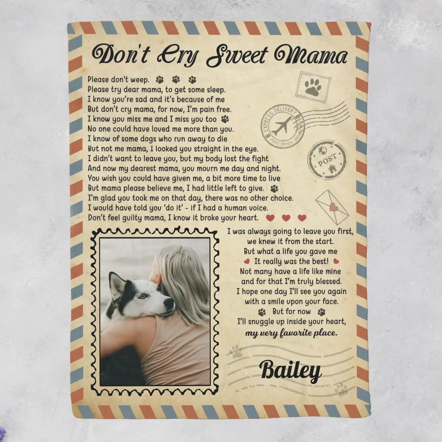 Don't Cry Sweet Mama Dog Poem | Custom Dog Memorial Blanket Print