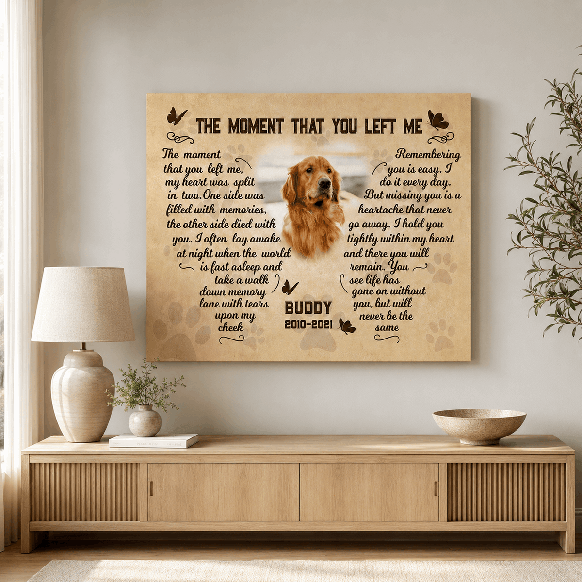 The Moment That You Left Me Dog Poem | Custom Dog Memorial Canvas Print | Butterfly Shape