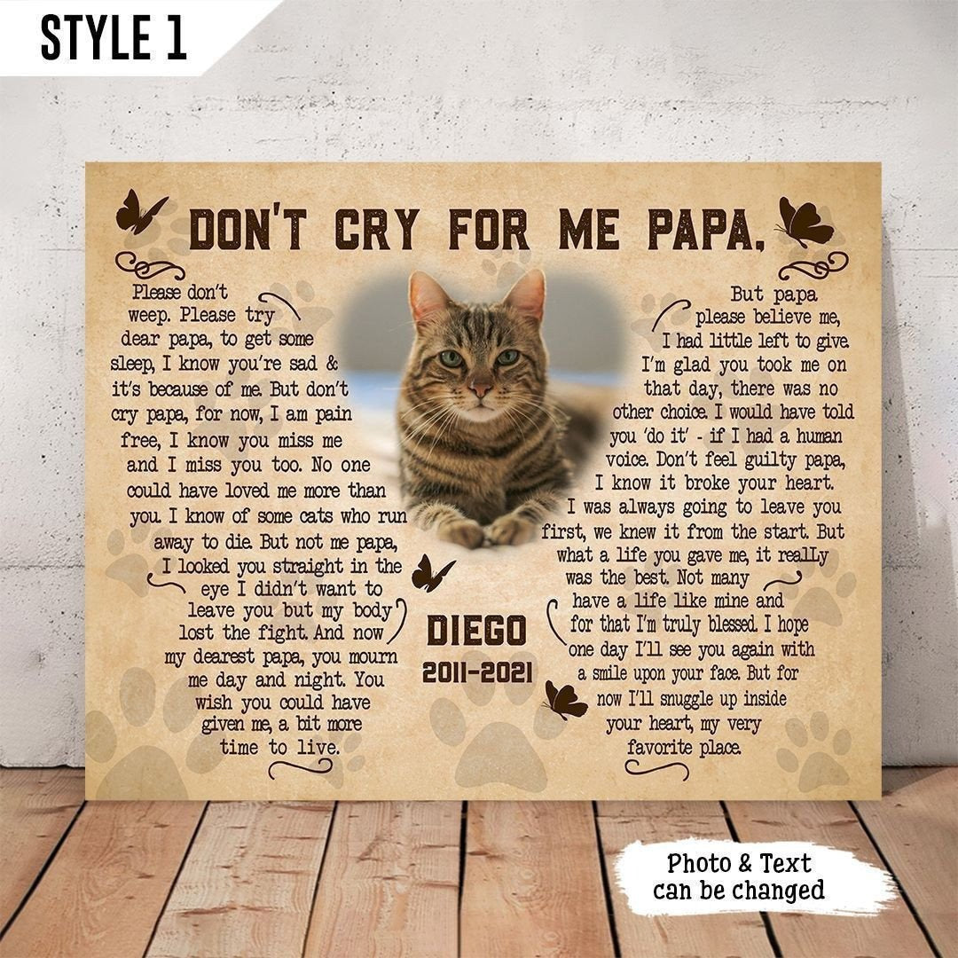 Don't Cry For Me Papa Cat Poem | Custom Cat Memorial Canvas Print | Butterfly Shape