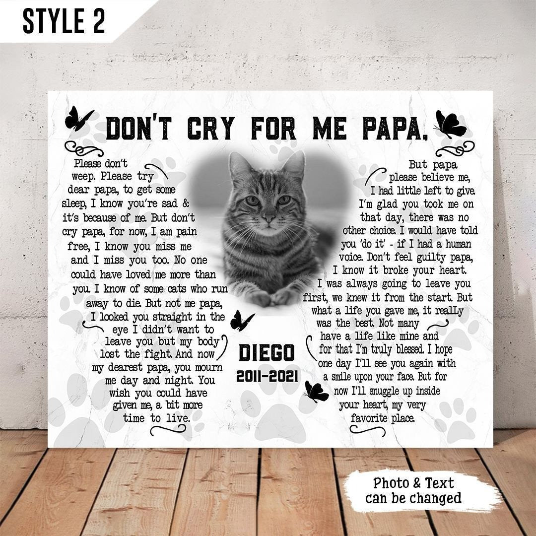 Don't Cry For Me Papa Cat Poem | Custom Cat Memorial Canvas Print | Butterfly Shape