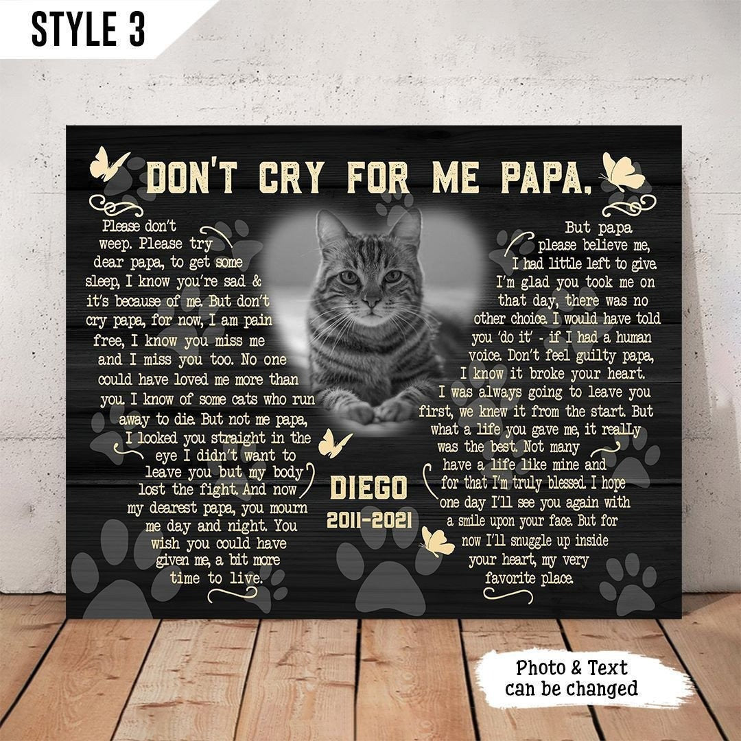 Don't Cry For Me Papa Cat Poem | Custom Cat Memorial Canvas Print | Butterfly Shape