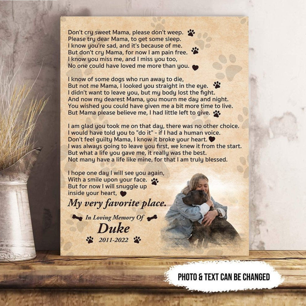 Don't Cry Sweet Mama Dog Poem | Custom Dog Memorial Canvas | Dog Memorial Gifts