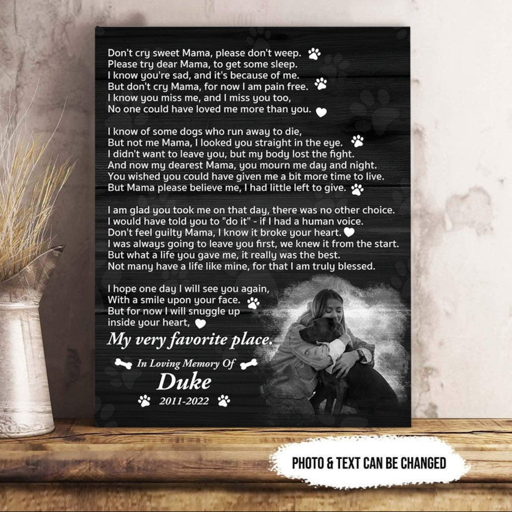 Don't Cry Sweet Mama Dog Poem | Custom Dog Memorial Canvas | Dog Memorial Gifts