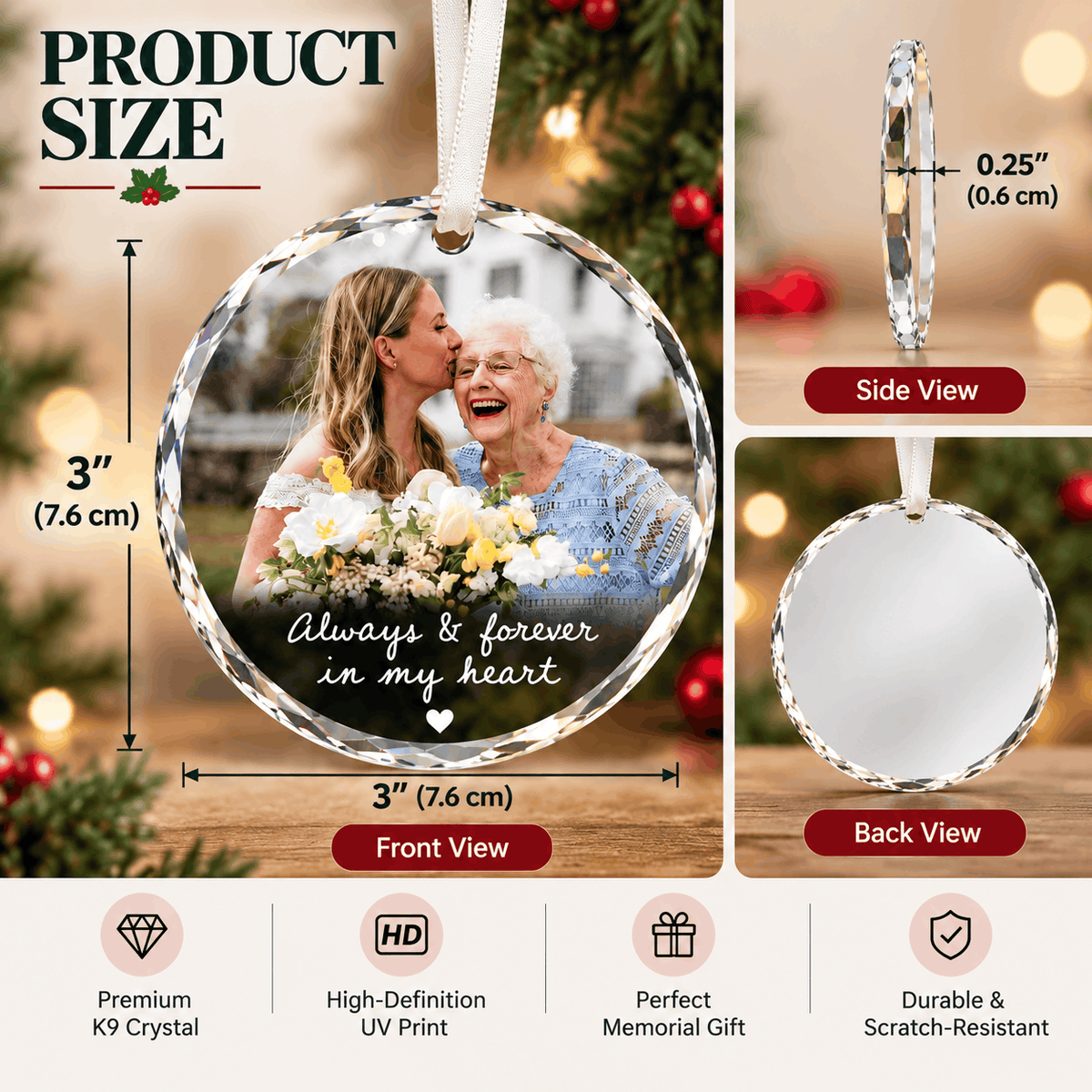Custom Photo Memorial Crystal Ornament | Always and Forever In My Heart Ornament