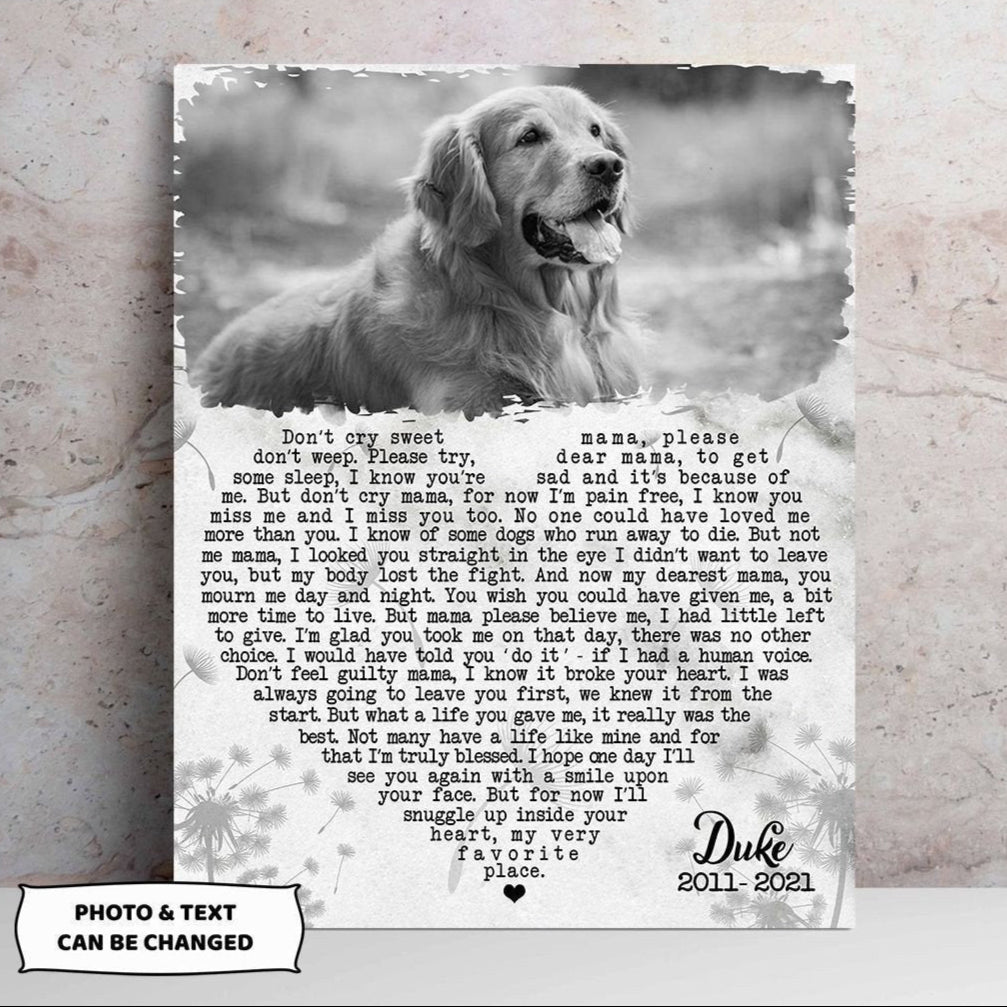 Don't Cry Sweet Mama Dog Poem | Custom Dog Memorial Canvas Print | Heart Shape