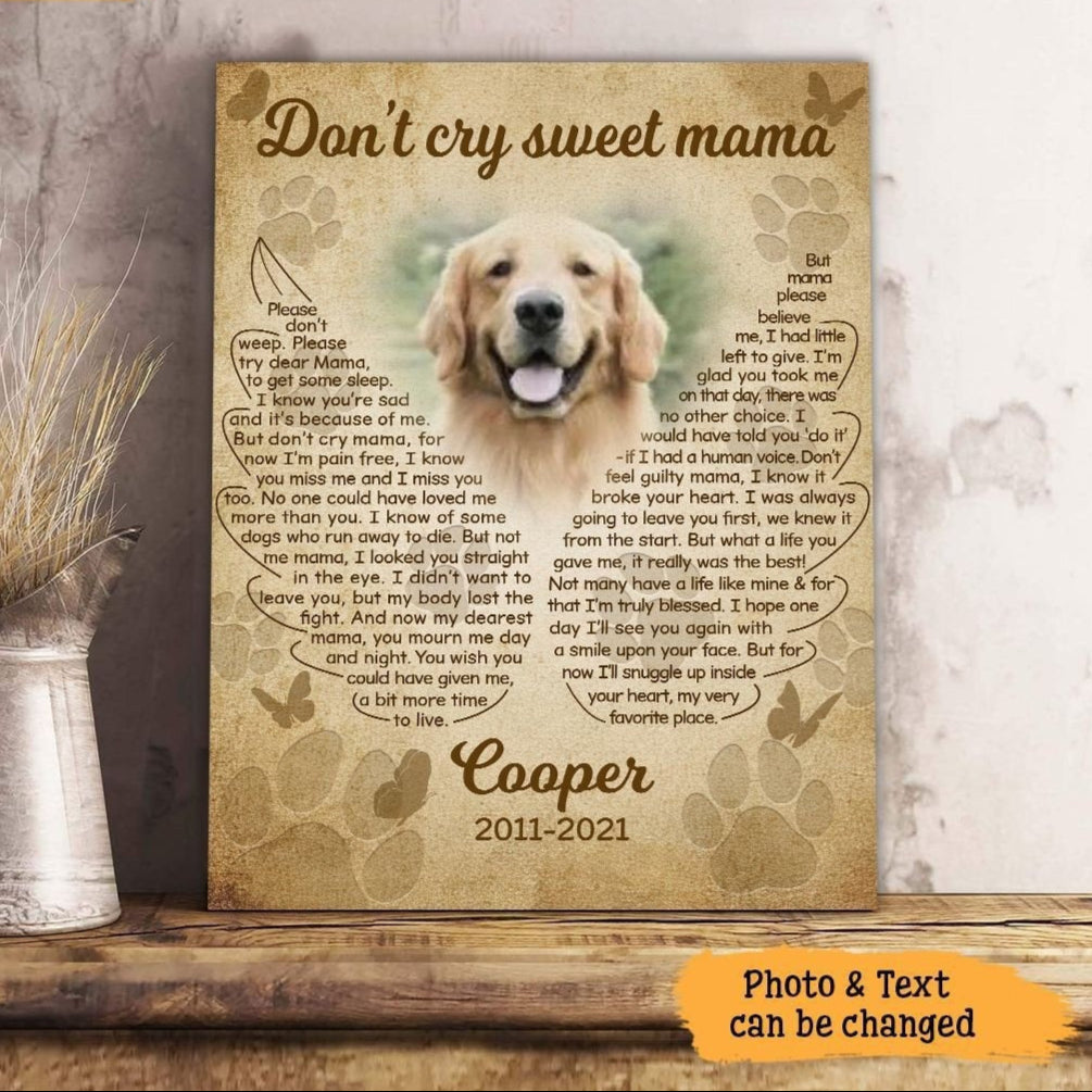 Don't Cry Sweet Mama Dog Poem | Custom Dog Memorial Canvas Print | Bird Shape