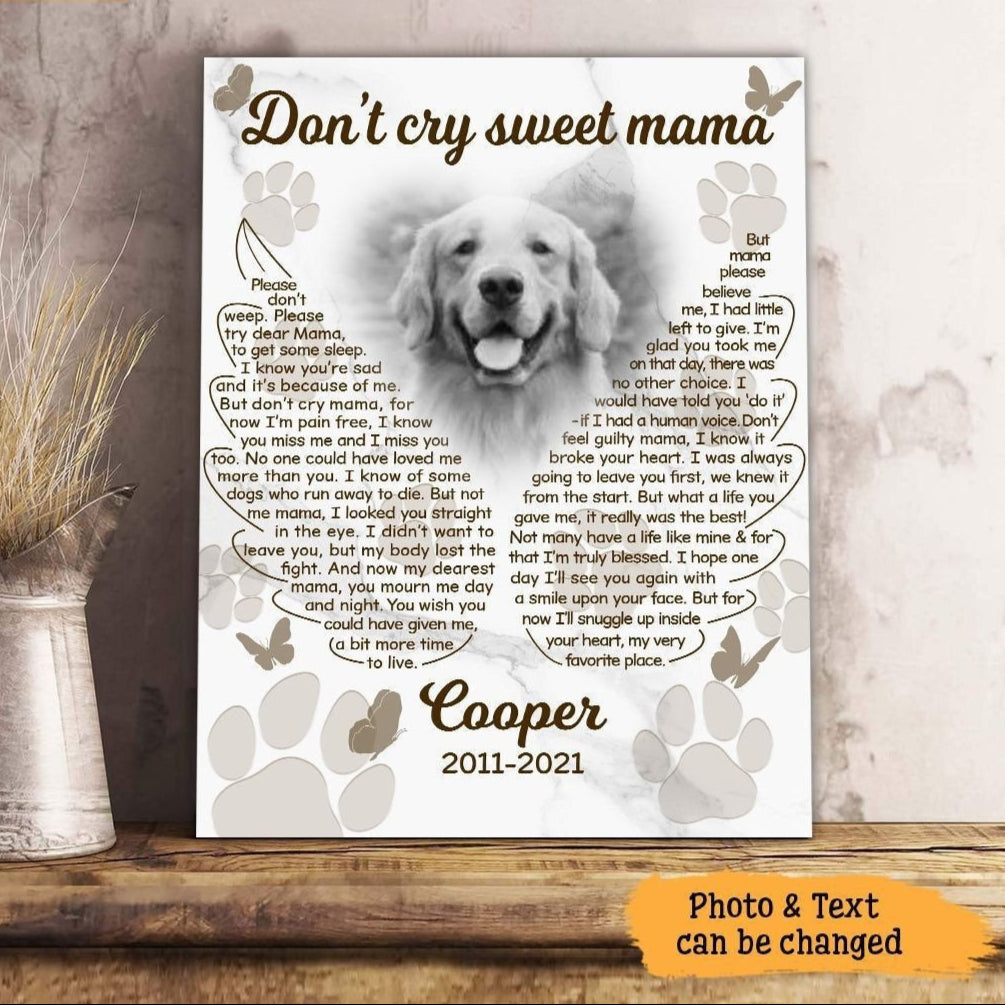 Don't Cry Sweet Mama Dog Poem | Custom Dog Memorial Canvas Print | Bird Shape