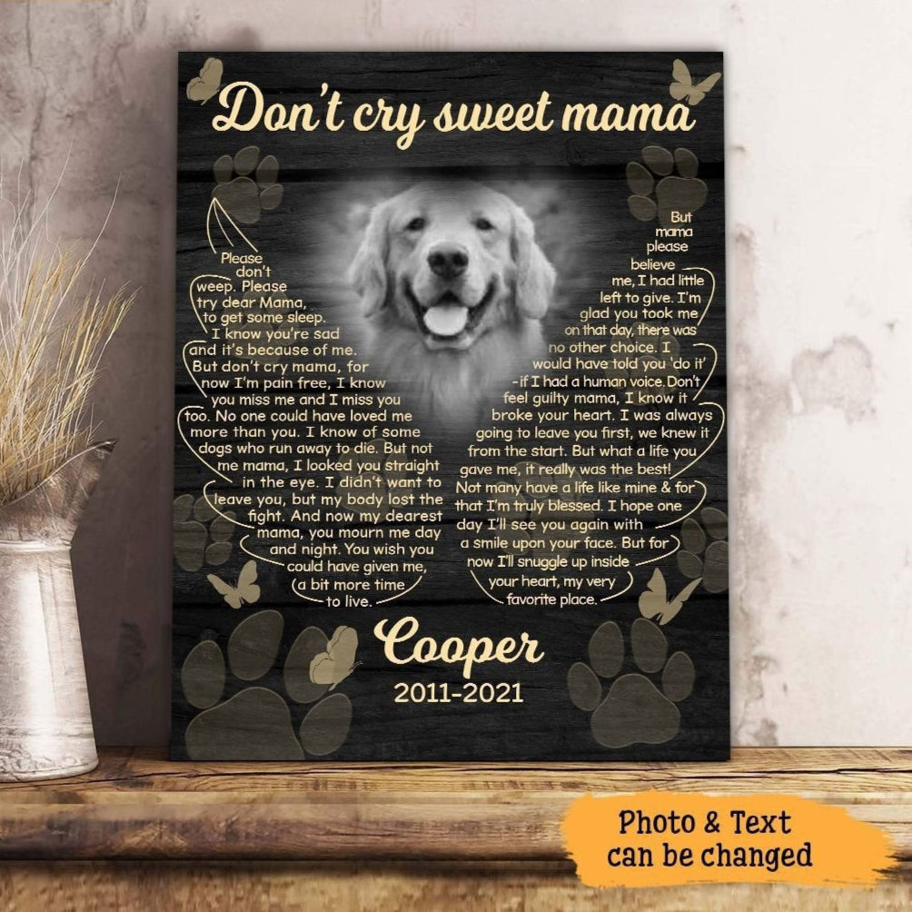 Don't Cry Sweet Mama Dog Poem | Custom Dog Memorial Canvas Print | Bird Shape
