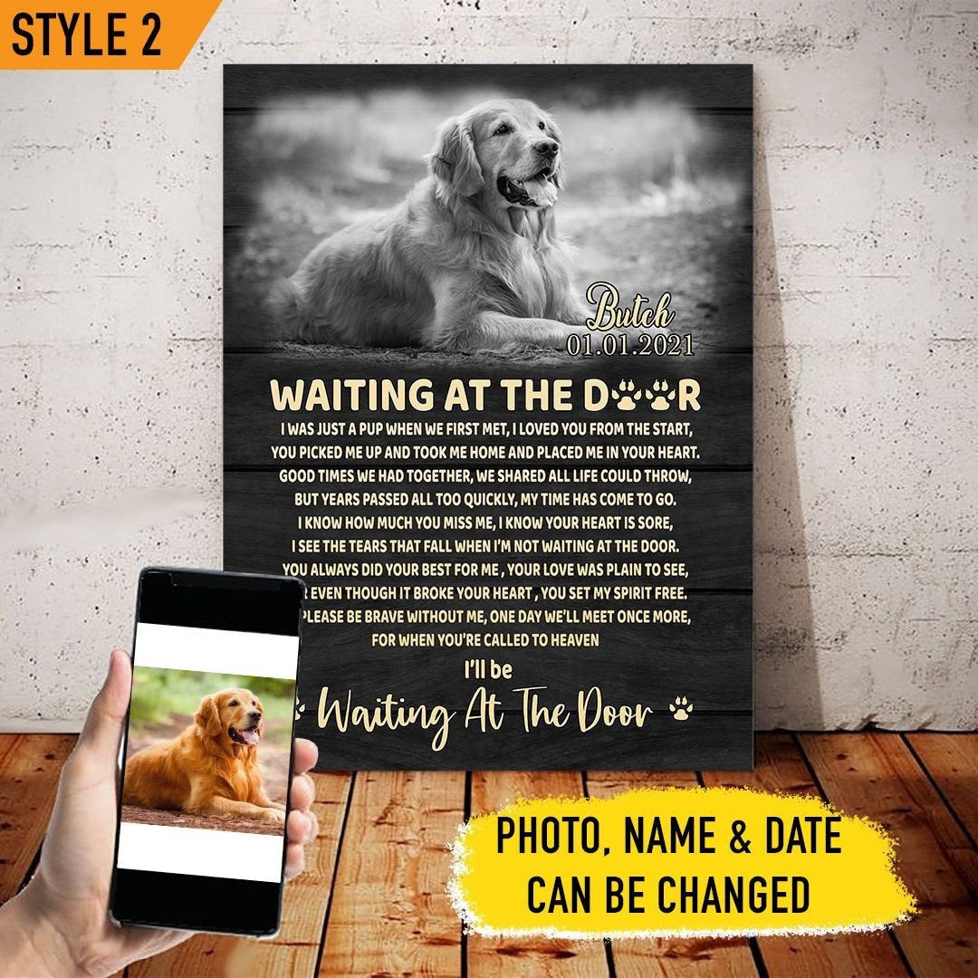 Waiting At The Door Dog Poem | Custom Dog Memorial Canvas Print | Black Background