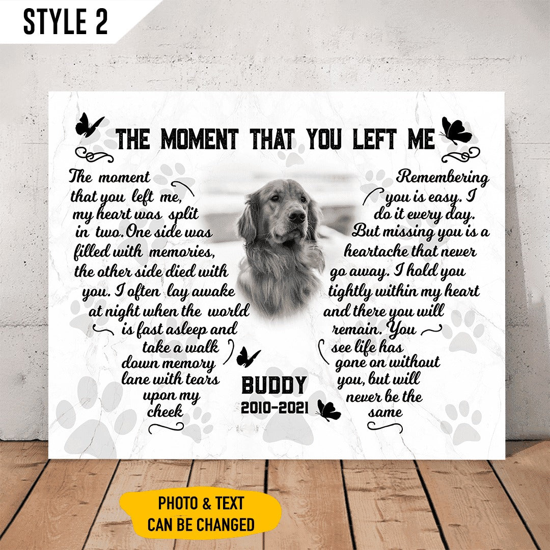 The Moment That You Left Me Dog Poem | Custom Dog Memorial Canvas Print | Butterfly Shape