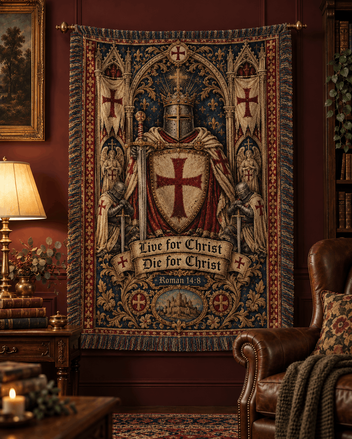 Medieval Tapestry Woven Throw Blanket | Crusader Knight Templars Woven Blanket