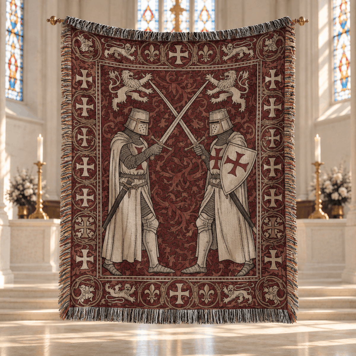 Crusader Duel Woven Blanket Tapestry | Templar Knights Cross Tapestry