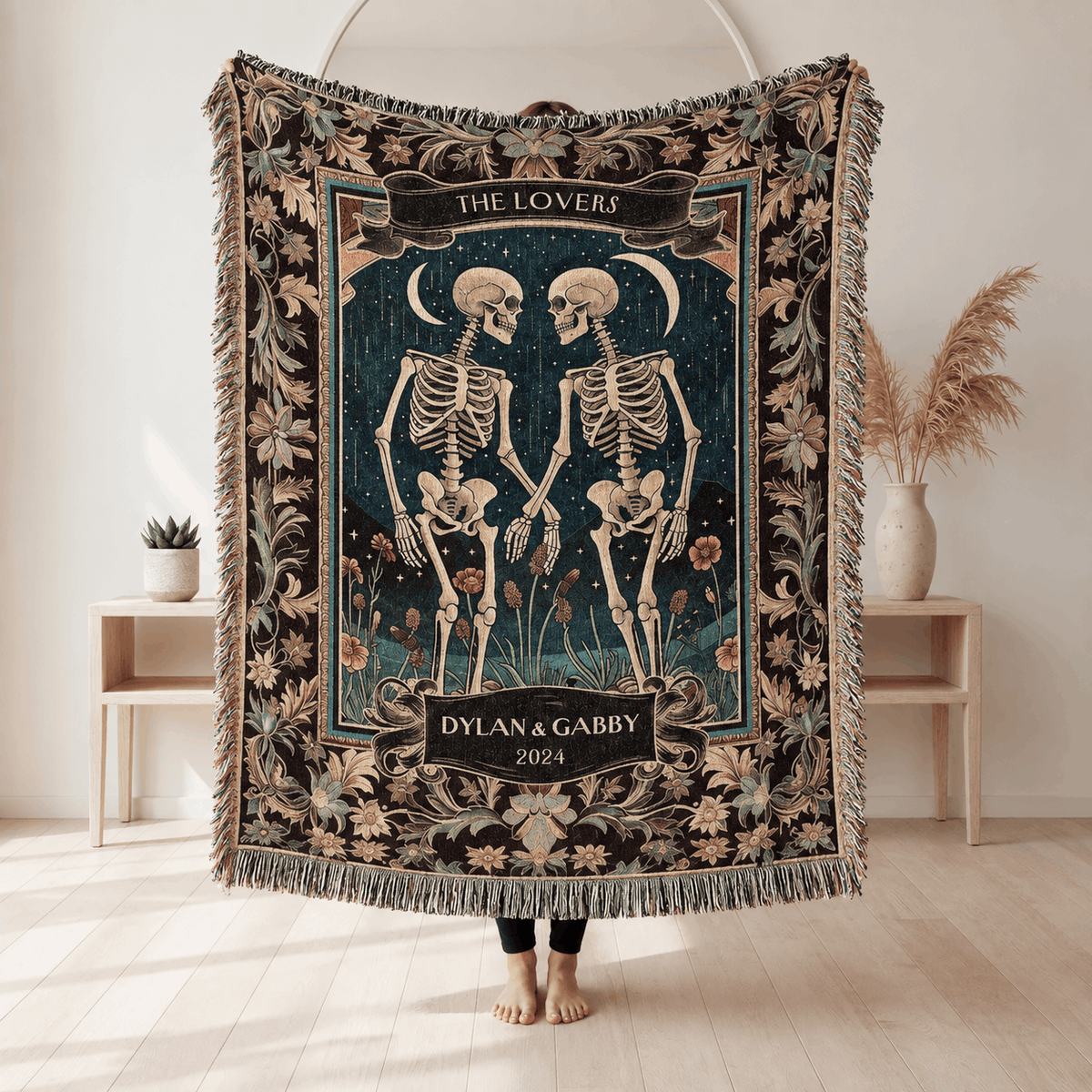 Skeleton Lovers Tarot Celestial Tapestry Woven Blanket