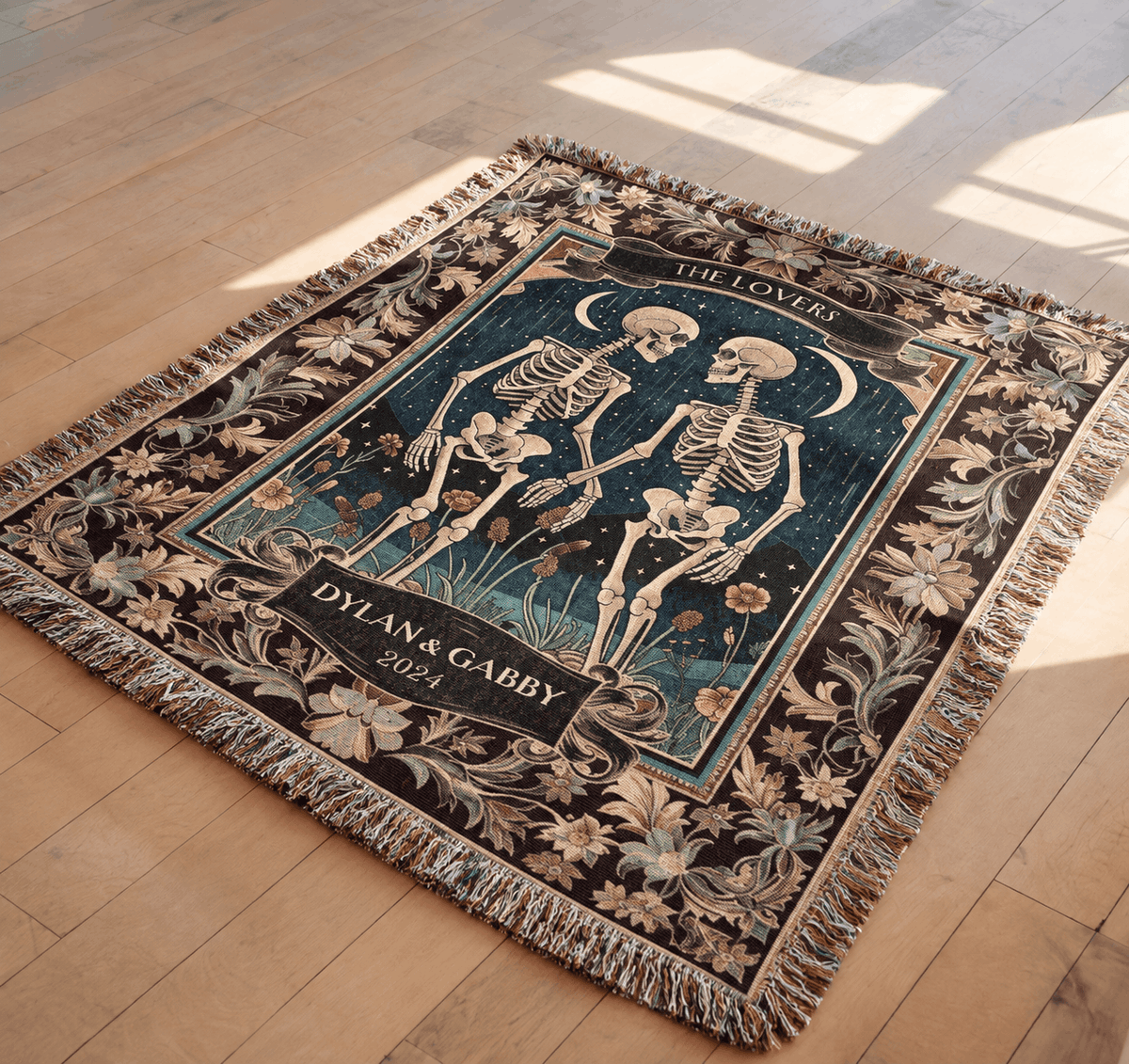Skeleton Lovers Tarot Celestial Tapestry Woven Blanket