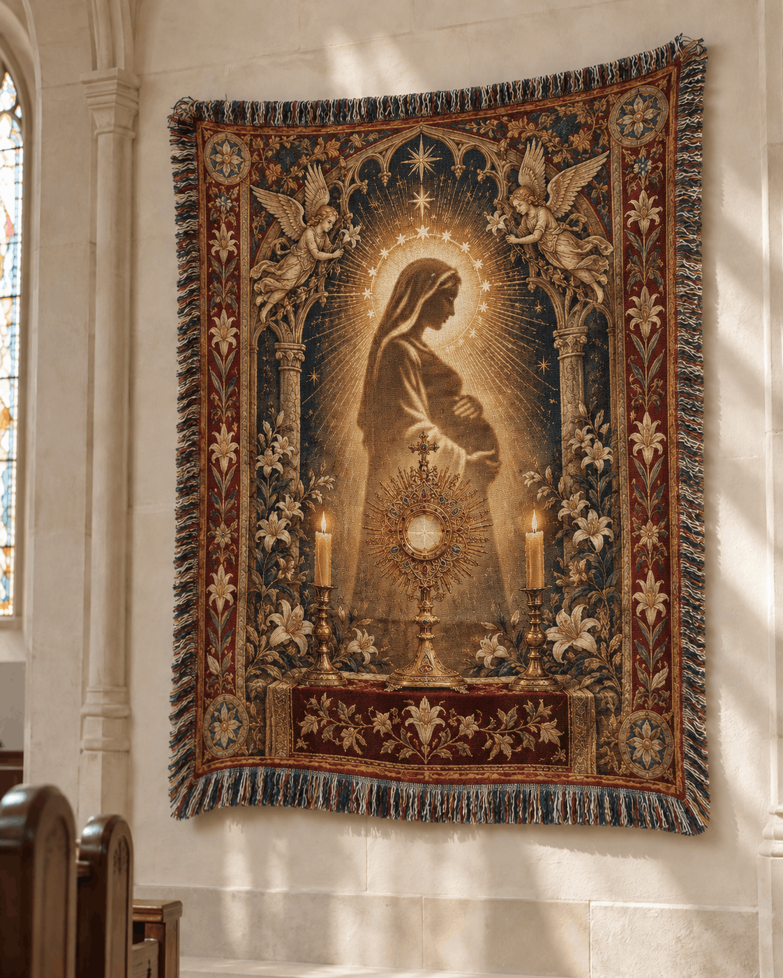 Medieval Tapestry Woven Throw Blanket | Mary Jesus Mother Woven Blanket