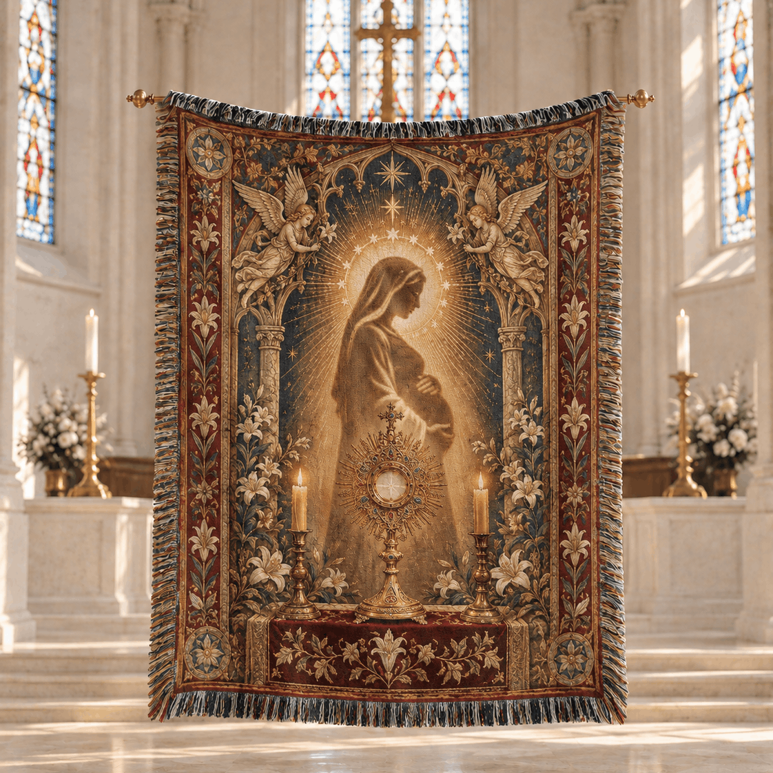 Medieval Tapestry Woven Throw Blanket | Mary Jesus Mother Woven Blanket
