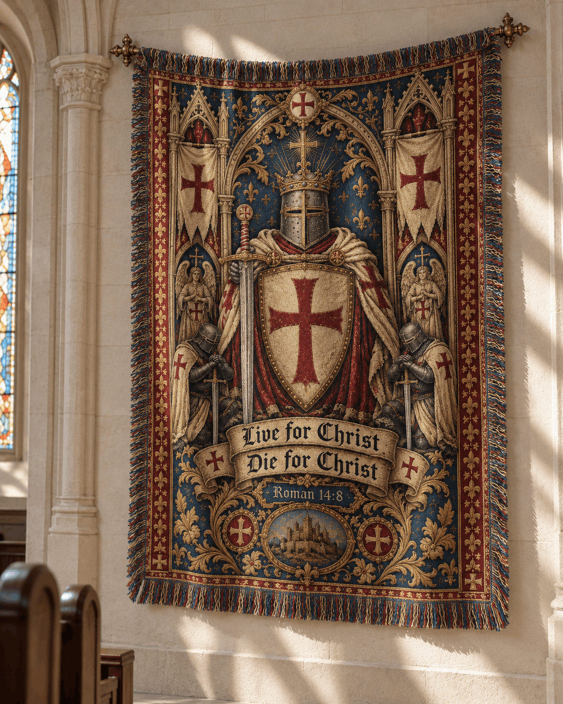 Medieval Tapestry Woven Throw Blanket | Crusader Knight Templars Woven Blanket