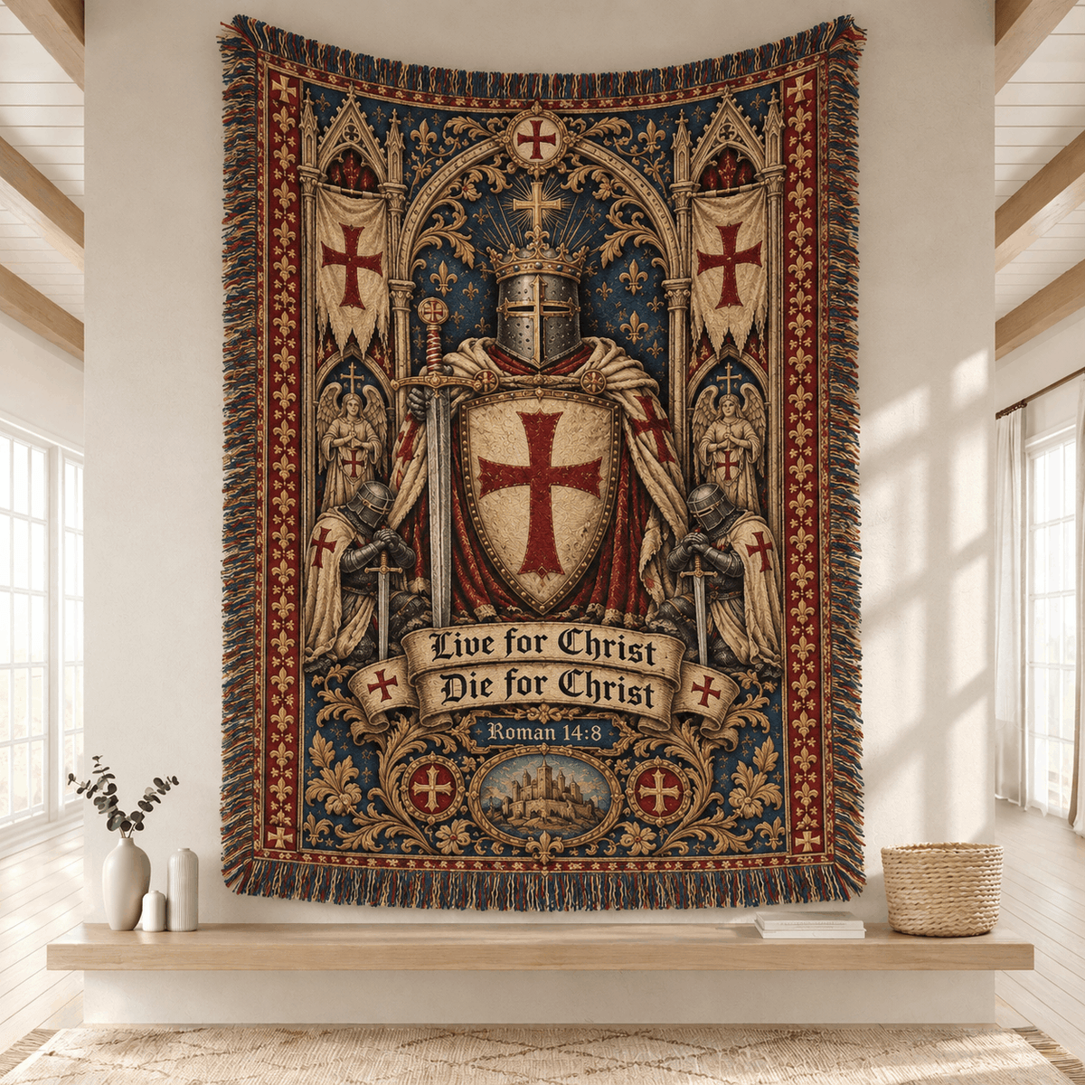 Medieval Tapestry Woven Throw Blanket | Crusader Knight Templars Woven Blanket