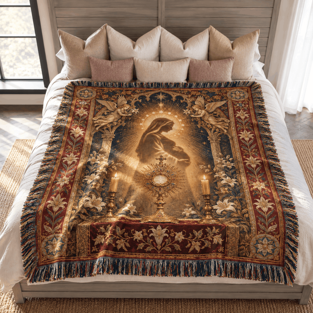 Medieval Tapestry Woven Throw Blanket | Mary Jesus Mother Woven Blanket