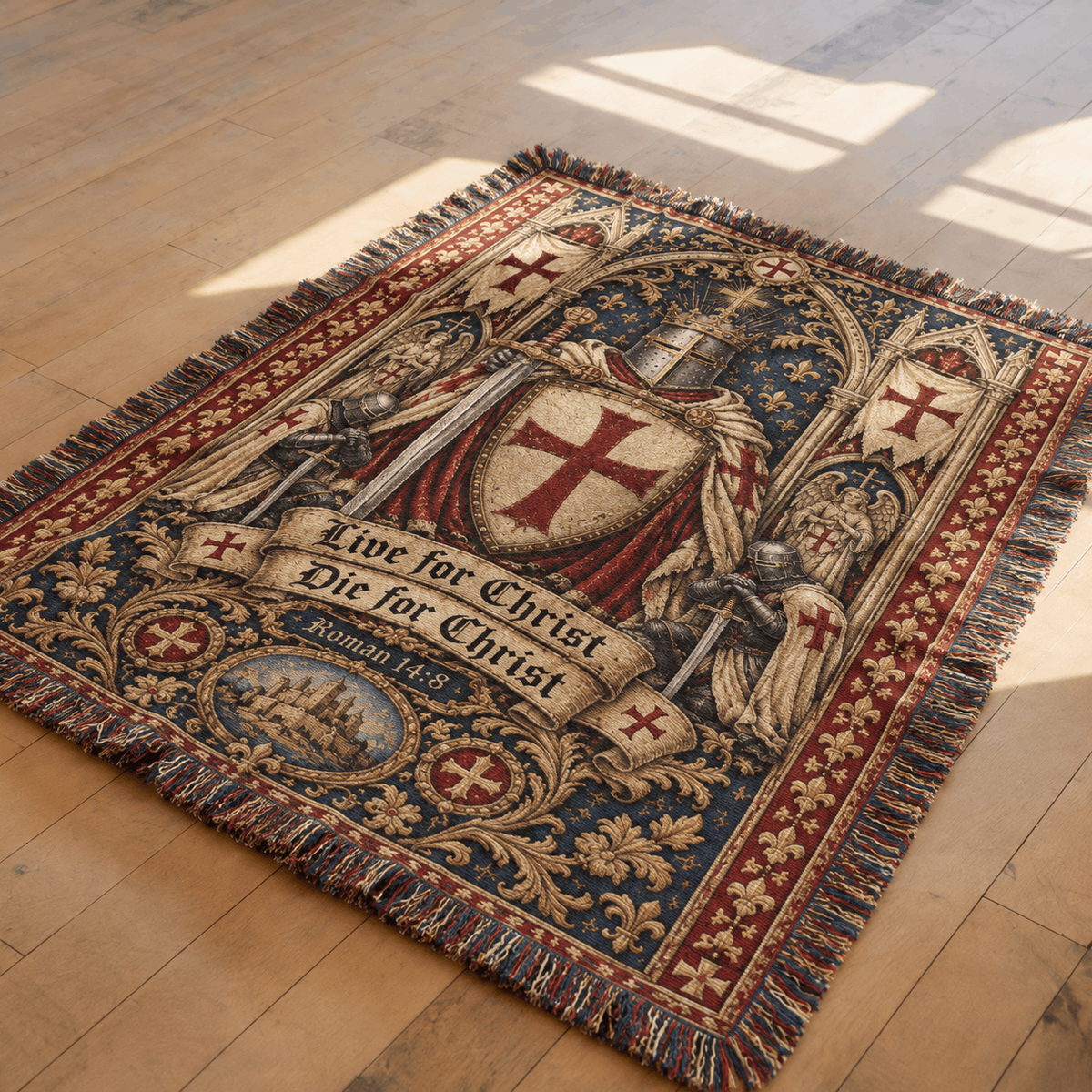 Medieval Tapestry Woven Throw Blanket | Crusader Knight Templars Woven Blanket