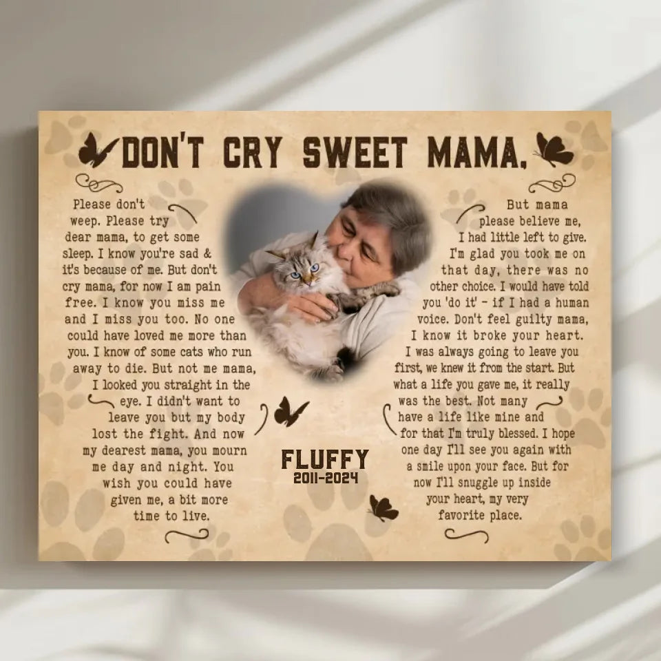 Don't Cry Sweet Mama Cat Poem | Custom Cat Memorial Canvas Print | Butterfly Shape