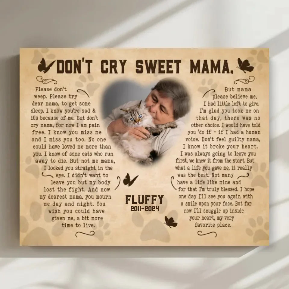 Don't Cry Sweet Mama Cat Poem | Custom Cat Memorial Canvas Print | Butterfly Shape