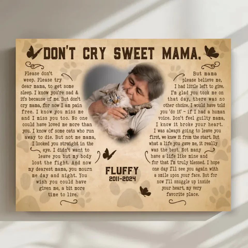 Don't Cry Sweet Mama Cat Poem | Custom Cat Memorial Canvas Print | Butterfly Shape