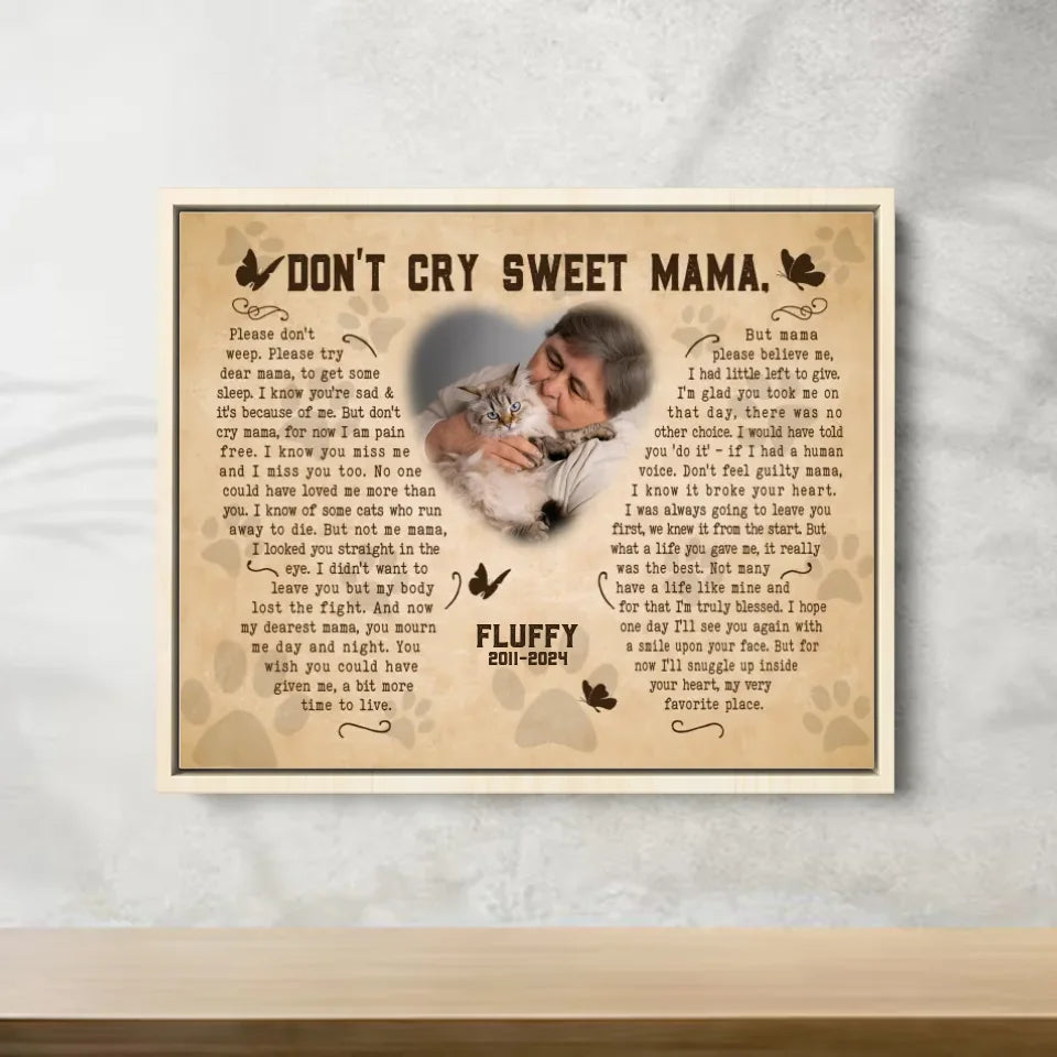 Don't Cry Sweet Mama Cat Poem | Custom Cat Memorial Canvas Print | Butterfly Shape