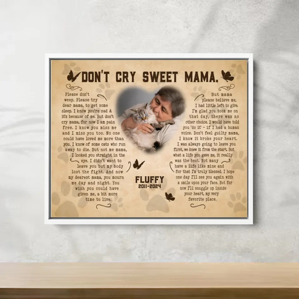 Don't Cry Sweet Mama Cat Poem | Custom Cat Memorial Canvas Print | Butterfly Shape