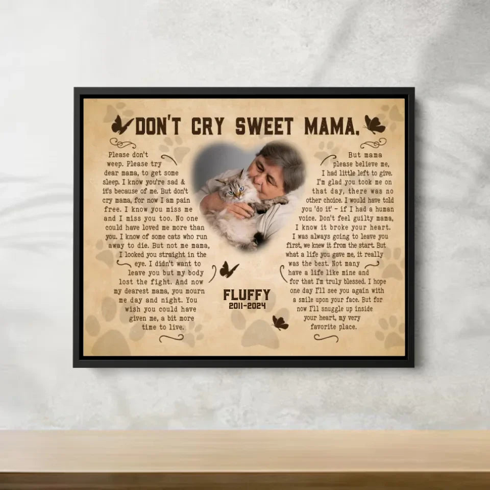 Don't Cry Sweet Mama Cat Poem | Custom Cat Memorial Canvas Print | Butterfly Shape