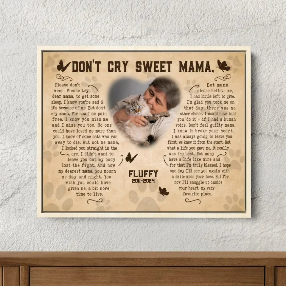 Don't Cry Sweet Mama Cat Poem | Custom Cat Memorial Canvas Print | Butterfly Shape