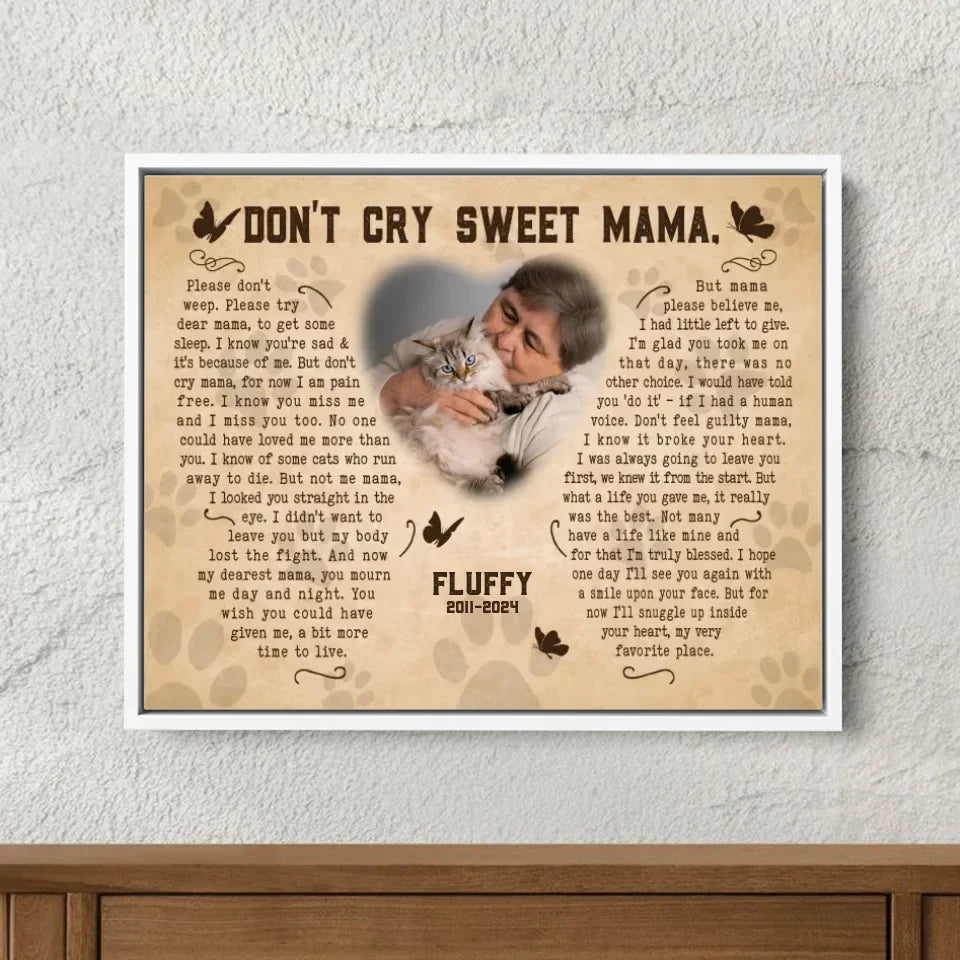 Don't Cry Sweet Mama Cat Poem | Custom Cat Memorial Canvas Print | Butterfly Shape