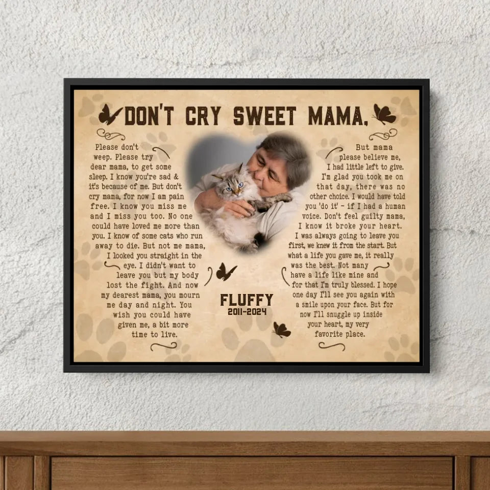 Don't Cry Sweet Mama Cat Poem | Custom Cat Memorial Canvas Print | Butterfly Shape