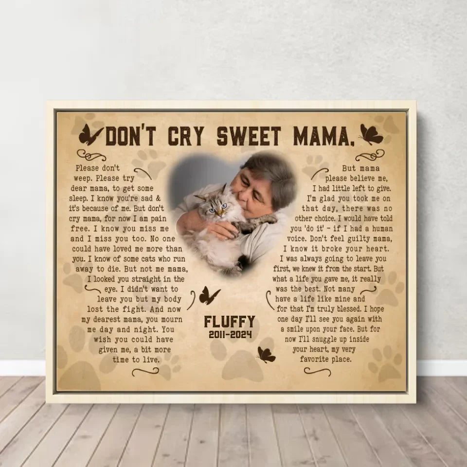 Don't Cry Sweet Mama Cat Poem | Custom Cat Memorial Canvas Print | Butterfly Shape