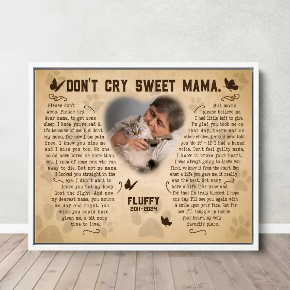 Don't Cry Sweet Mama Cat Poem | Custom Cat Memorial Canvas Print | Butterfly Shape