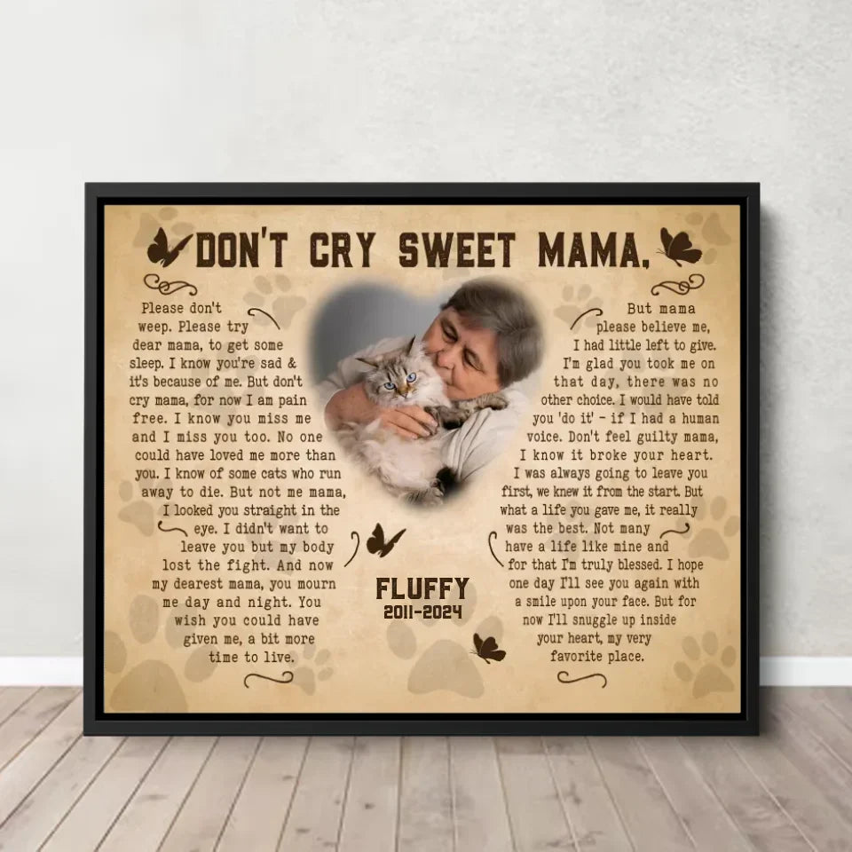 Don't Cry Sweet Mama Cat Poem | Custom Cat Memorial Canvas Print | Butterfly Shape