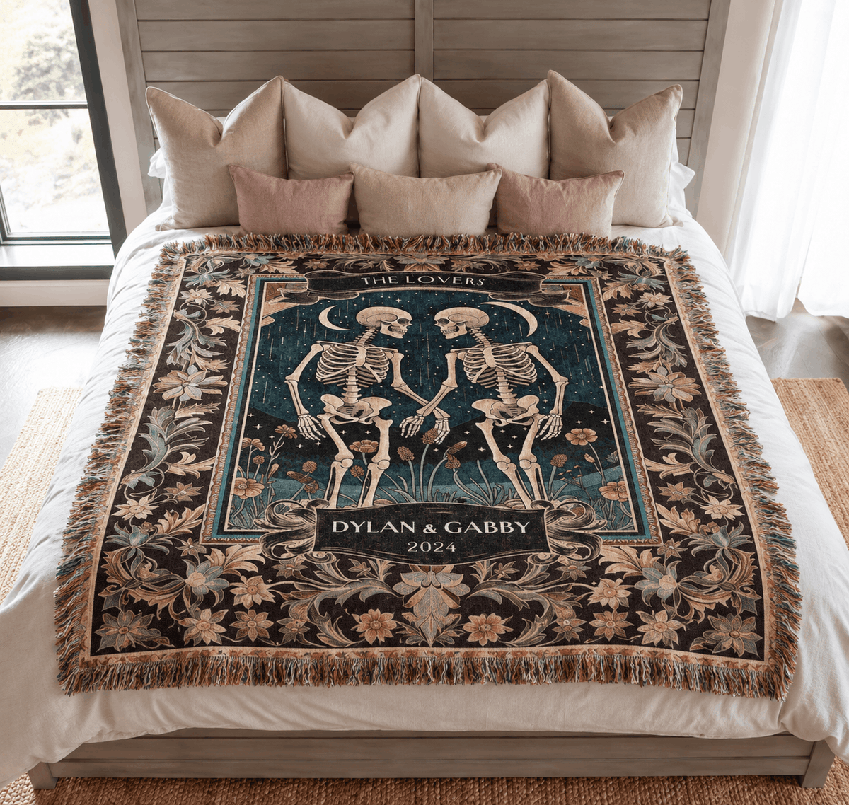 Skeleton Lovers Tarot Celestial Tapestry Woven Blanket