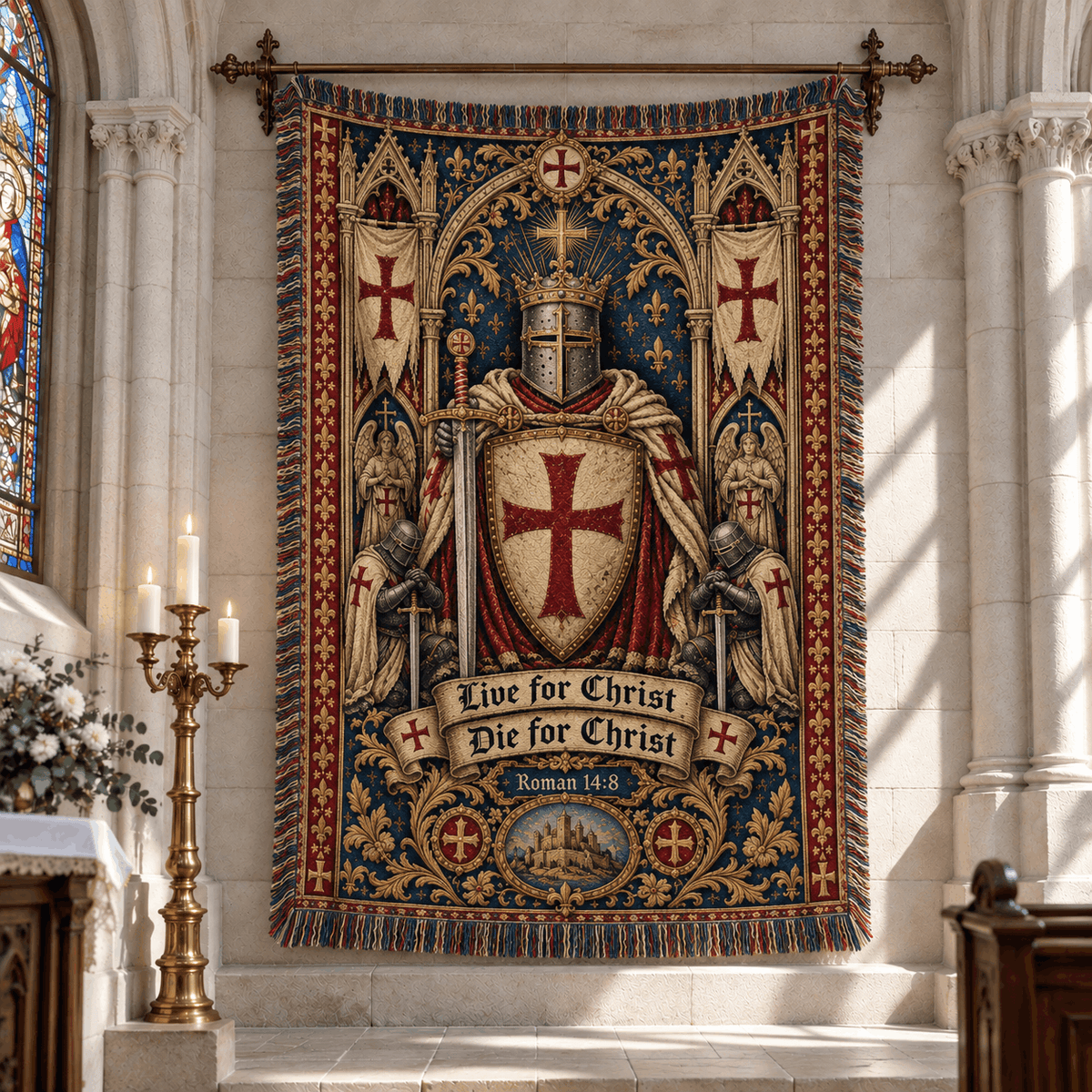 Medieval Tapestry Woven Throw Blanket | Crusader Knight Templars Woven Blanket