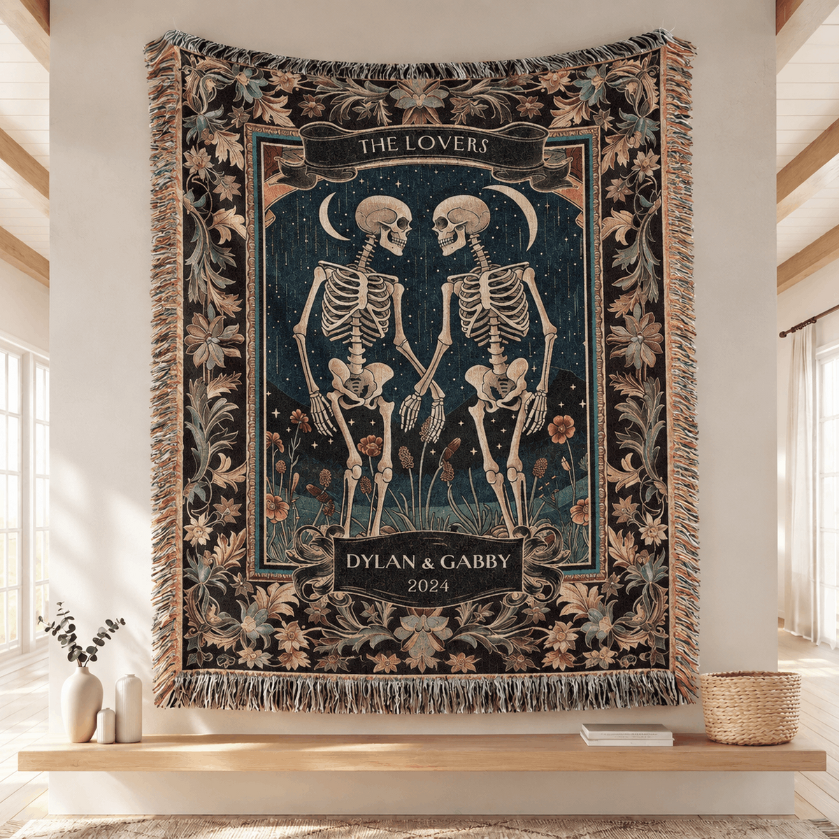 Skeleton Lovers Tarot Celestial Tapestry Woven Blanket