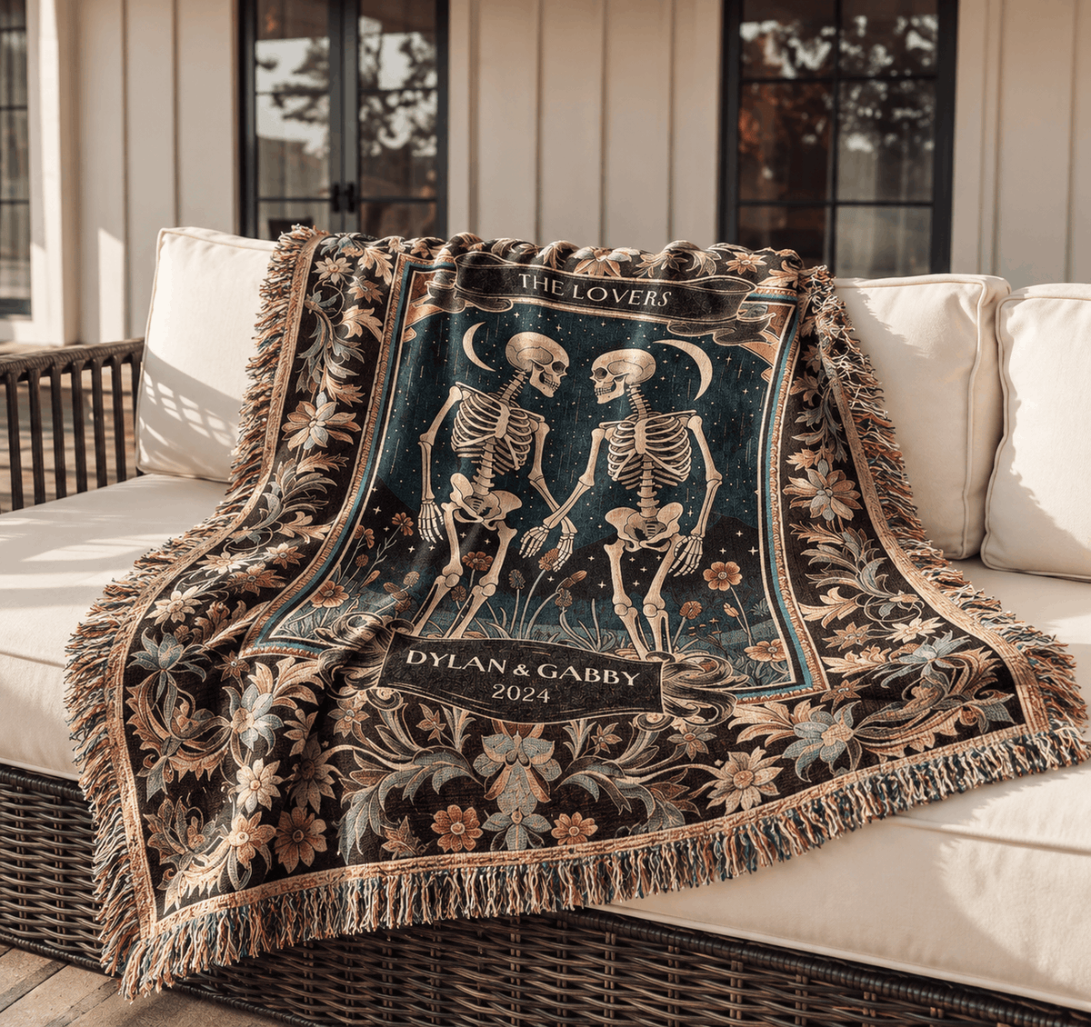 Skeleton Lovers Tarot Celestial Tapestry Woven Blanket