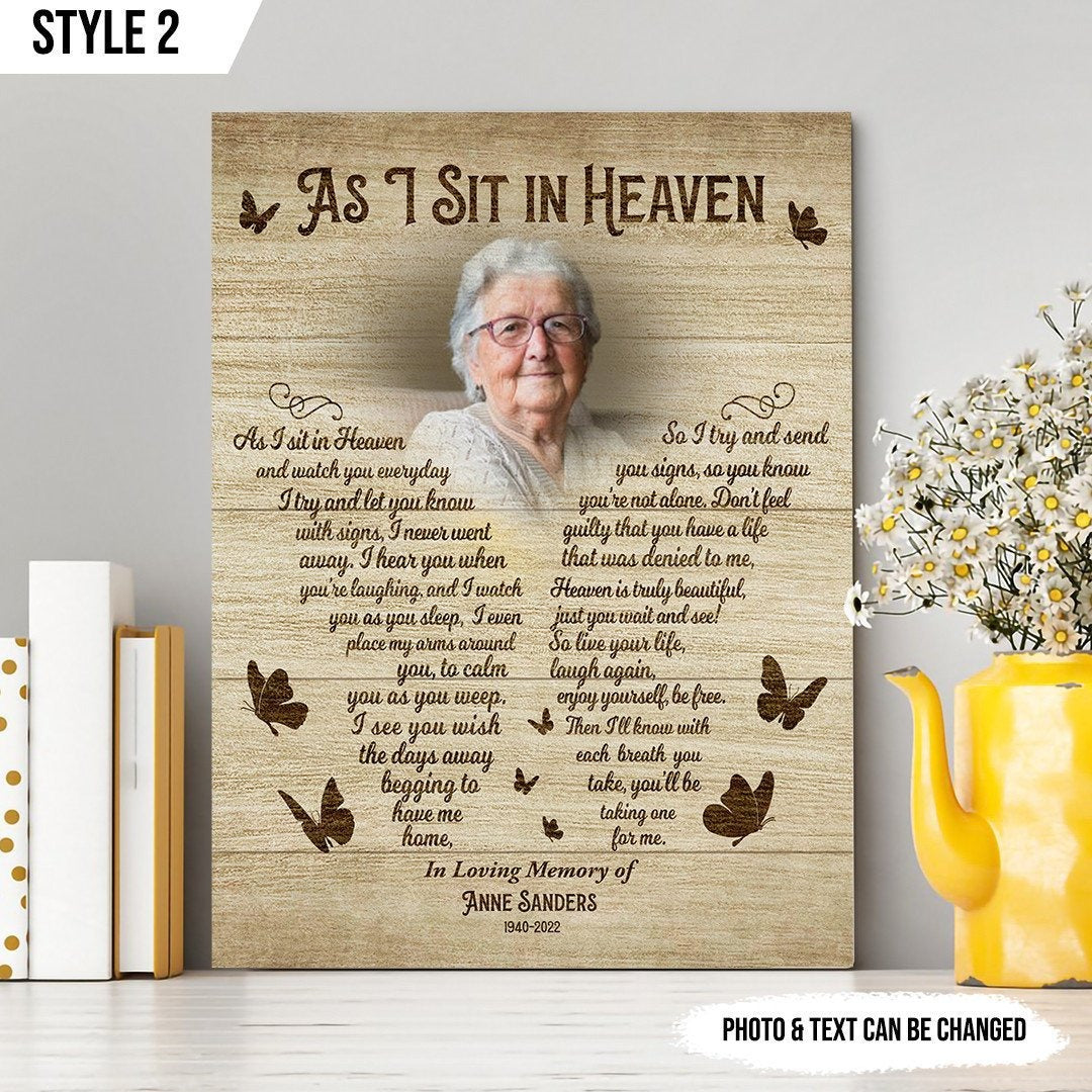 As I Sit In Heaven Sympathy Poem For Loss | Custom Memorial Canvas Print | Butterfly Shape
