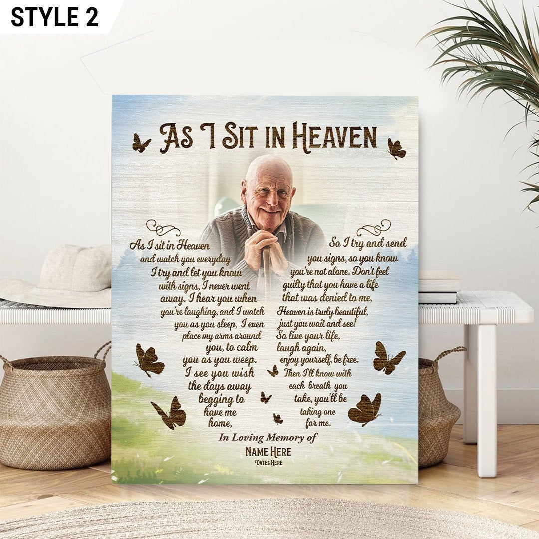 As I Sit In Heaven Sympathy Poem For Loss | Custom Memorial Canvas Print | Butterfly Shape