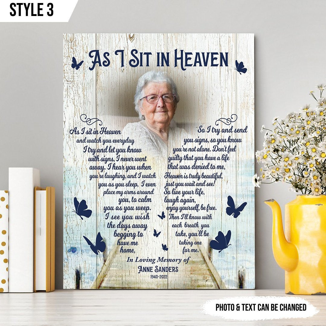 As I Sit In Heaven Sympathy Poem For Loss | Custom Memorial Canvas Print | Butterfly Shape