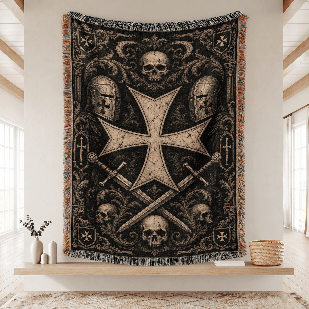 Black Crusader Cross Woven Blanket | Knights Templar Crusader Orders Cross Tapestry