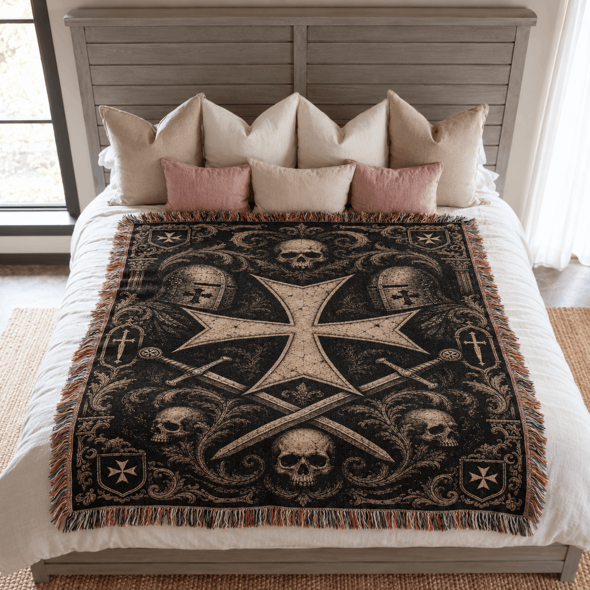 Black Crusader Cross Woven Blanket | Knights Templar Crusader Orders Cross Tapestry