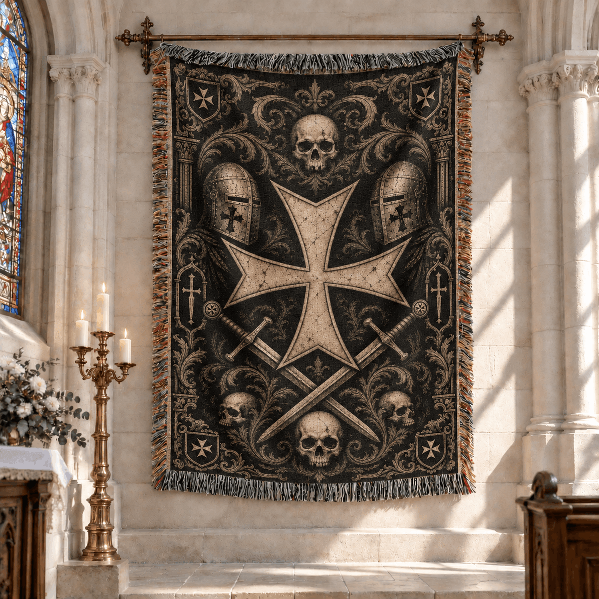 Black Crusader Cross Woven Blanket | Knights Templar Crusader Orders Cross Tapestry