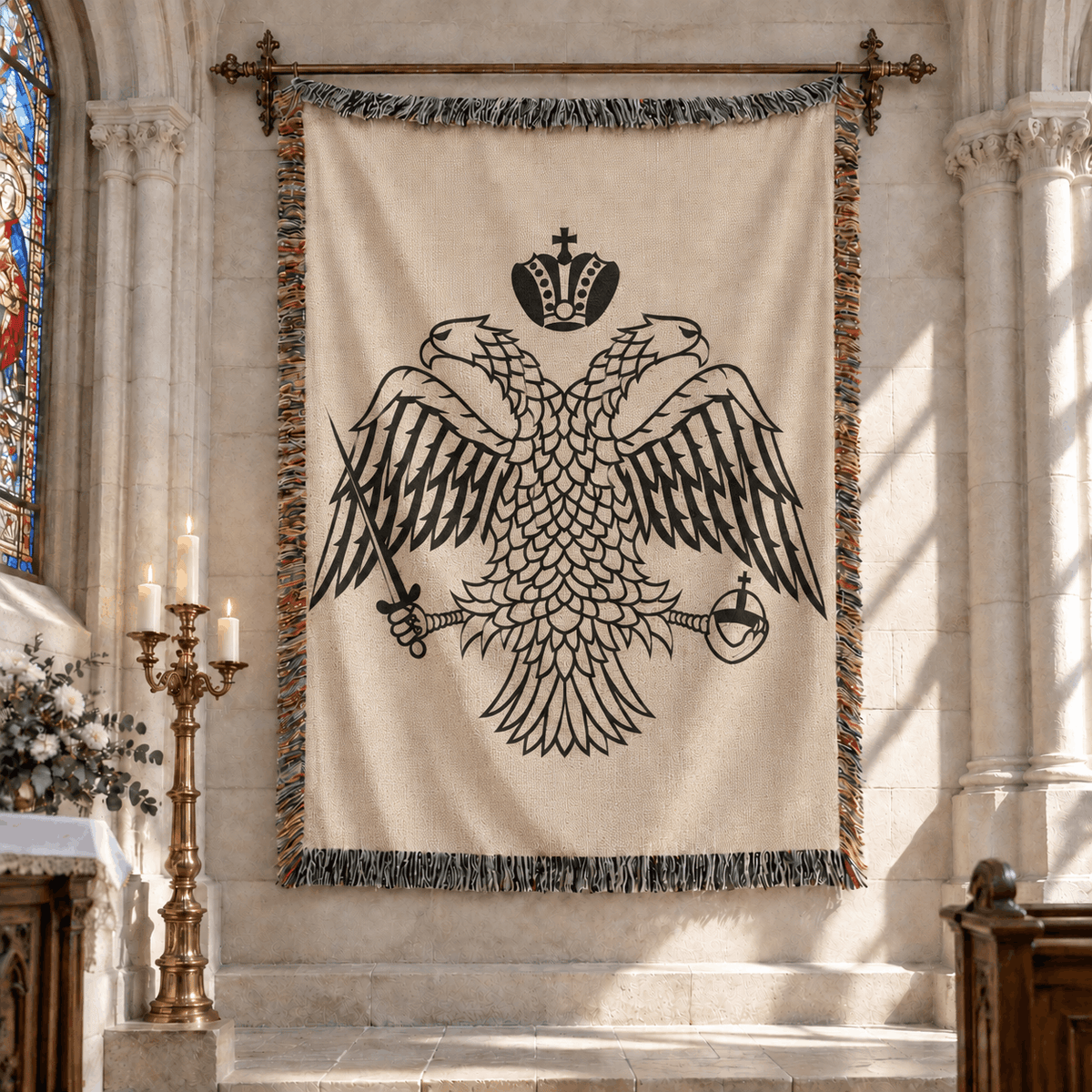 Byzantine Double Headed Eagle Tapestry Throw Woven Blanket | Medieval Tapestry Woven Throw Blanket