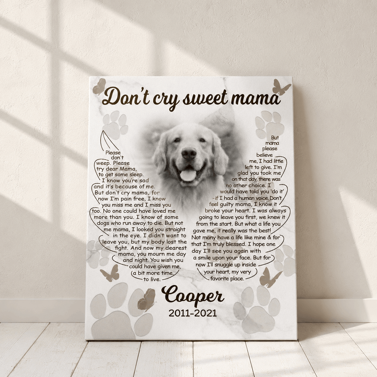 Don't Cry Sweet Mama Dog Poem | Custom Dog Memorial Canvas Print