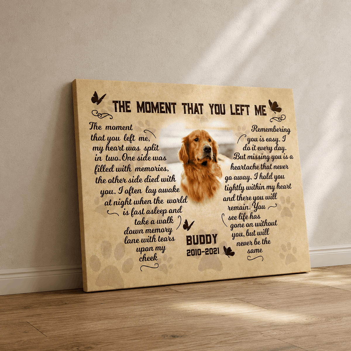 The Moment That You Left Me Dog Poem | Custom Dog Memorial Canvas Print | Butterfly Shape