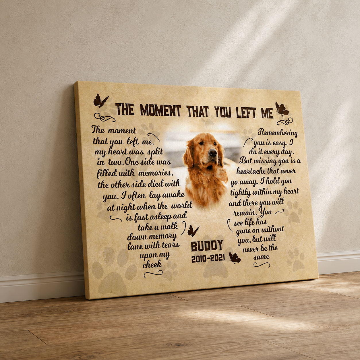The Moment That You Left Me Dog Poem | Custom Dog Memorial Canvas Print | Butterfly Shape